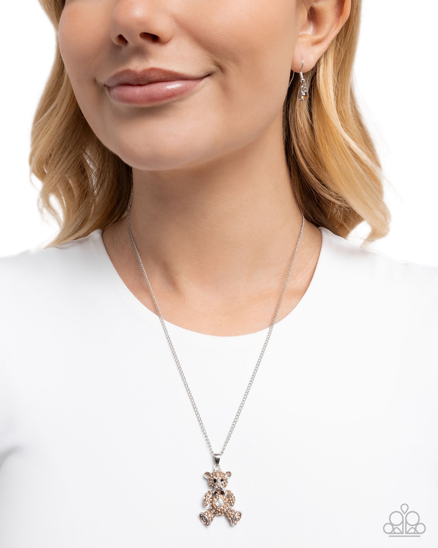 Twinkling Teddy - Brown Rhinestone Teddy Bear Pendant Silver Necklace - Paparazzi Accessories