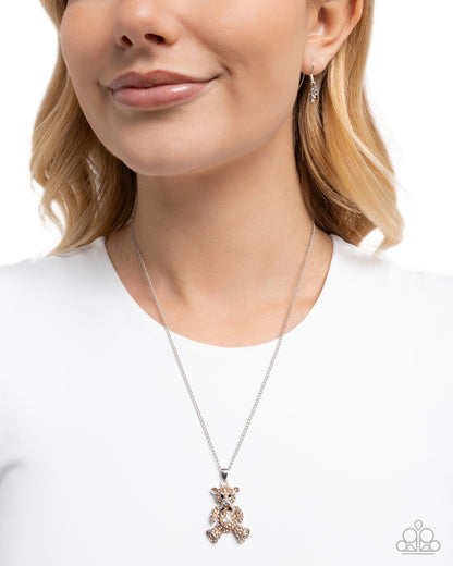 Twinkling Teddy - Brown Rhinestone Teddy Bear Pendant Silver Necklace - Paparazzi Accessories