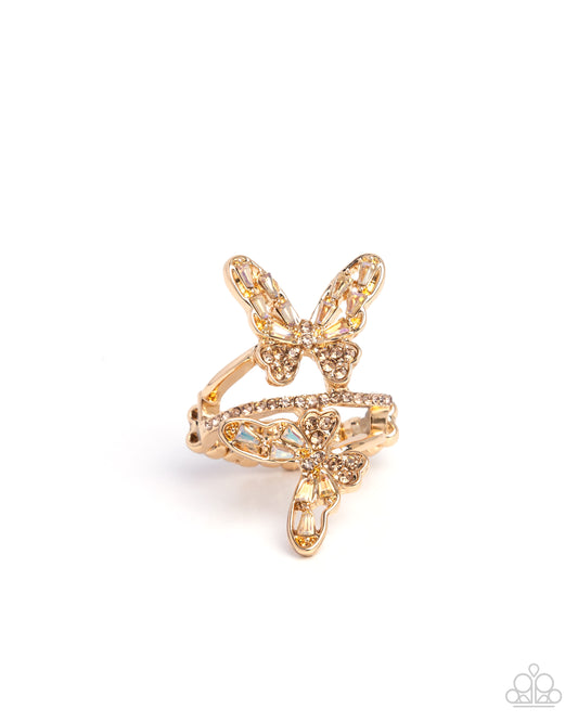 Fluttering Flamenco - Brown UV Rhinestone Gold Butterfly Ring - Paparazzi Accessories