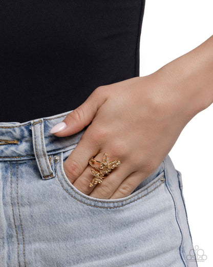 Fluttering Flamenco - Brown UV Rhinestone Gold Butterfly Ring - Paparazzi Accessories