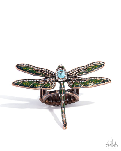 Dragonfly Delivery - Copper - Green Enamel Blue Rhinestone Ring - Paparazzi Accessories