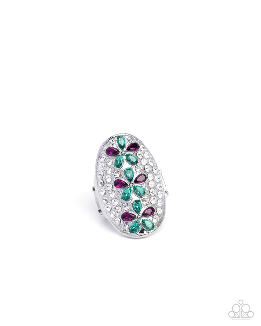Linear Lush - Green & Purple Rhinestone Flowers Silver Ring - Paparazzi Accessories