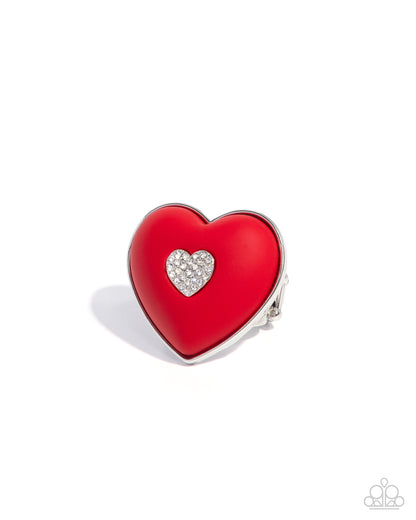 As Long As Youre Mine - Red Acrylic Heart White Rhinestone Silver Ring - Paparazzi Accessories