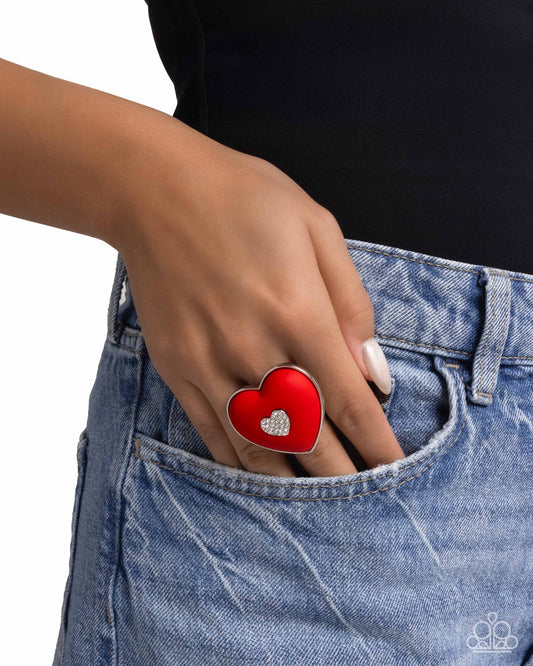 As Long As Youre Mine - Red Acrylic Heart White Rhinestone Silver Ring - Paparazzi Accessories