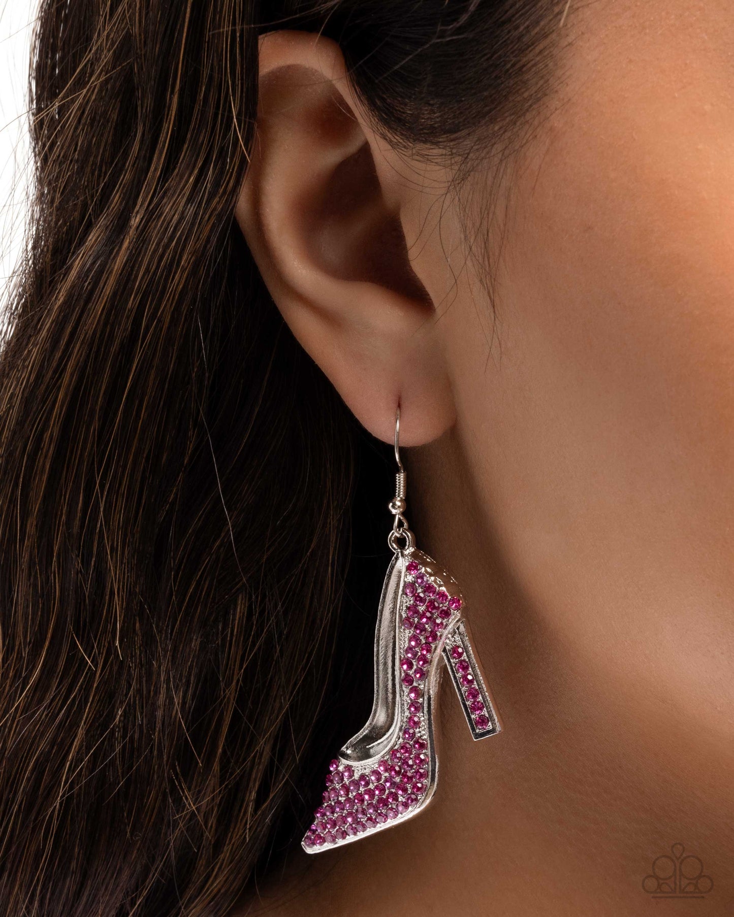 Wedding Shoes - Pink Rhinestone Silver High-Heel Fishhook Earrings - Paparazzi Accessories