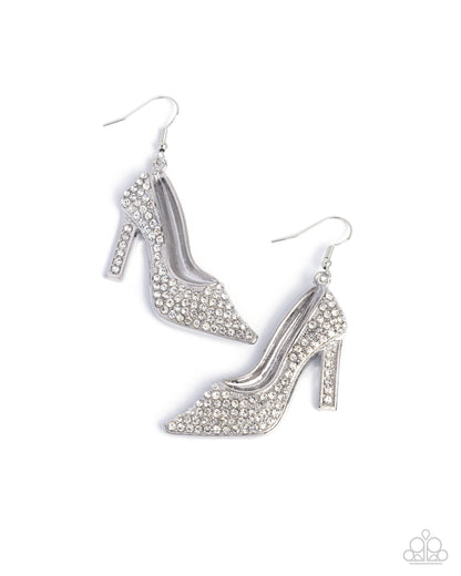 Wedding Shoes - White Rhinestone Silver High-Heel Fishhook Earrings - Paparazzi Accessories