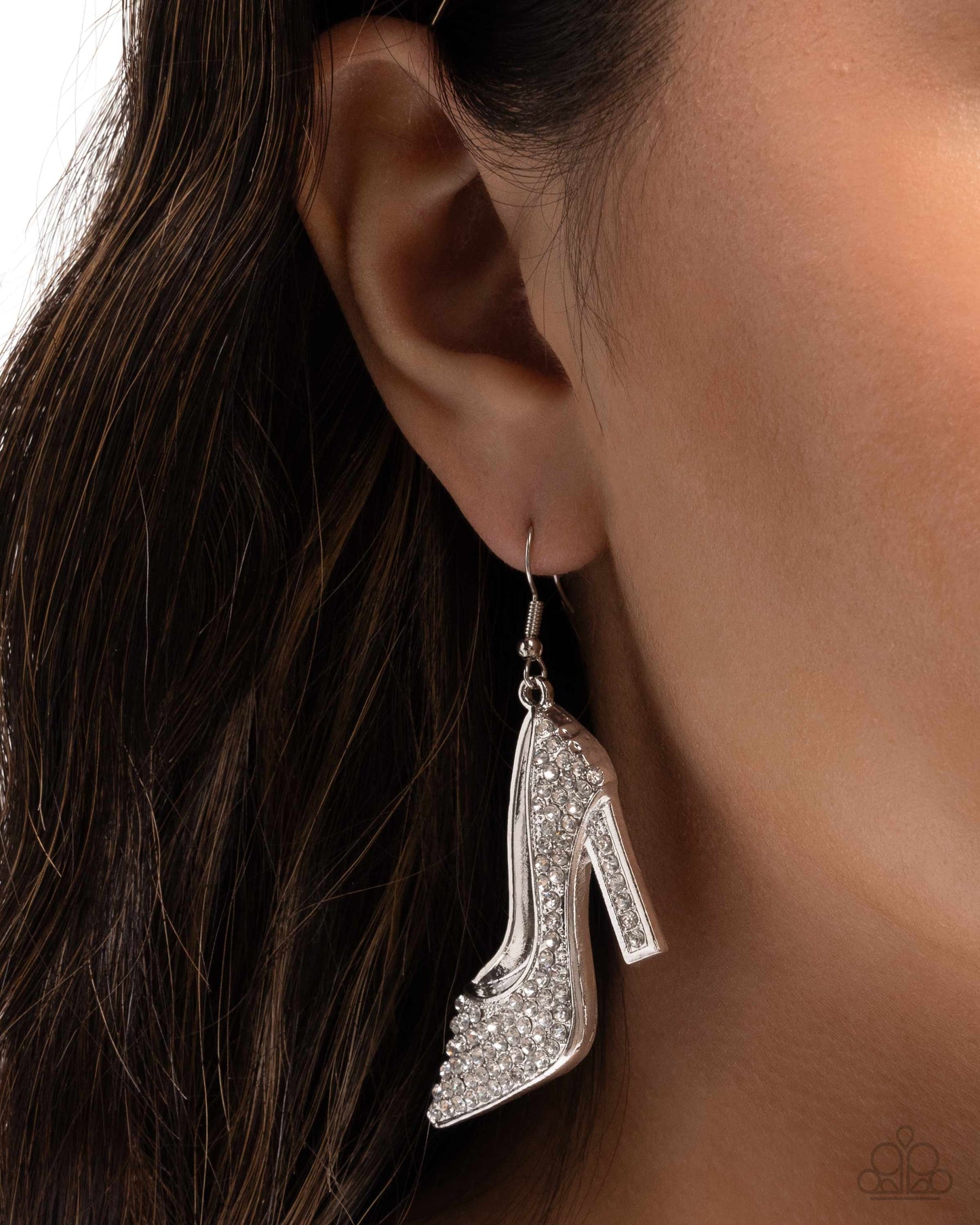 Wedding Shoes - White Rhinestone Silver High-Heel Fishhook Earrings - Paparazzi Accessories