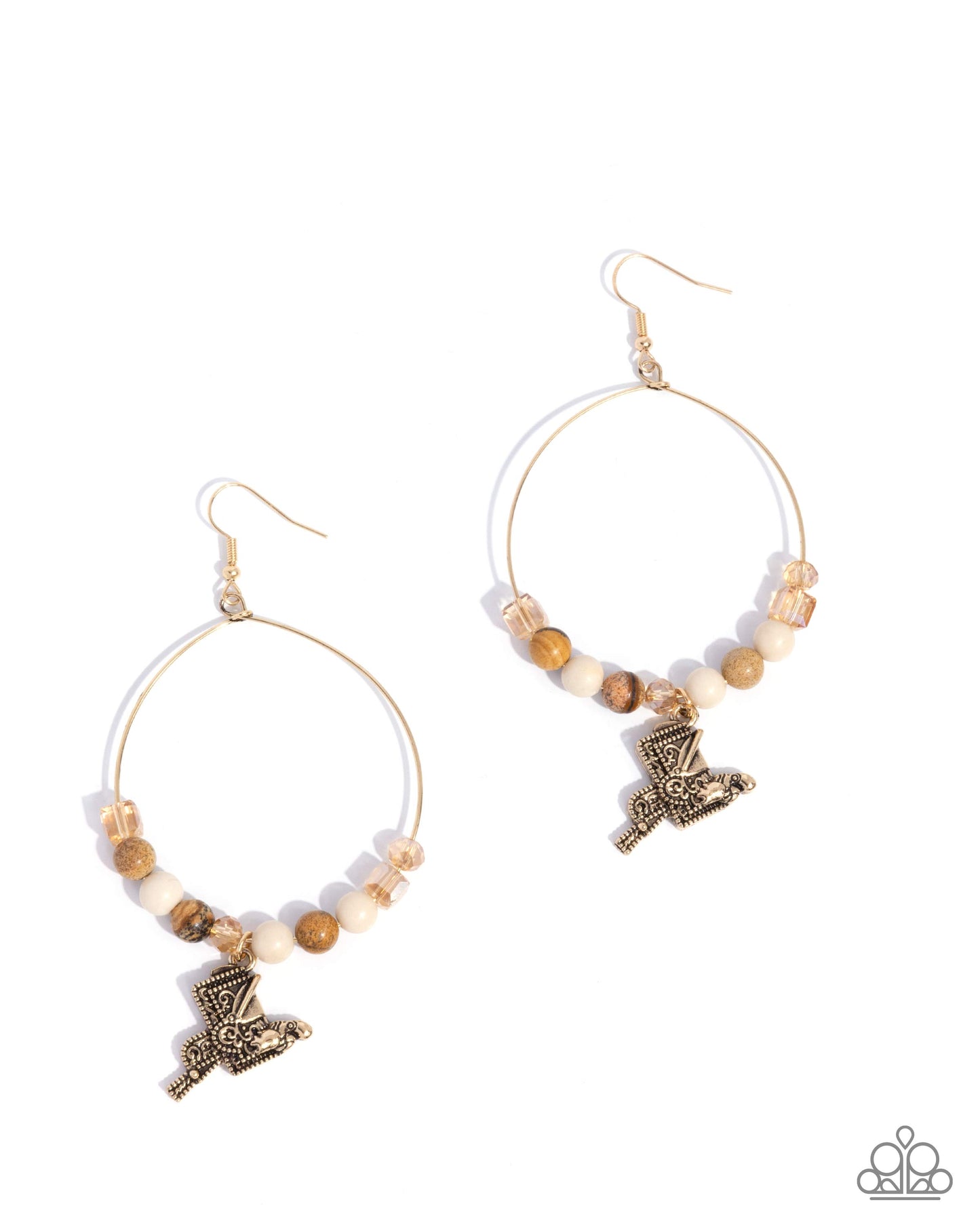 Saddle Showcase - Brown & White Stone, Gold Hoop Fishhook Earrings - Paparazzi Accessories