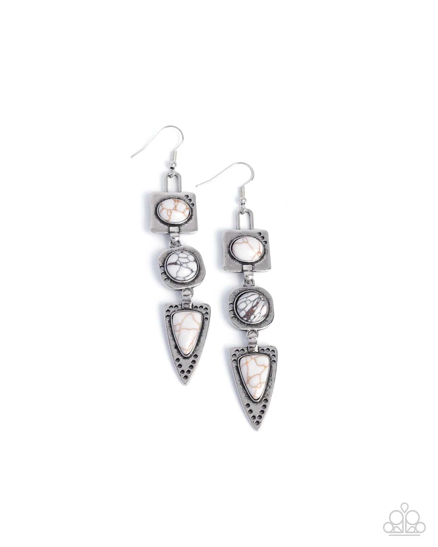 Rustic Reputation - White Marbled Stone Silver Fishhook Earrings - Paparazzi Accessories