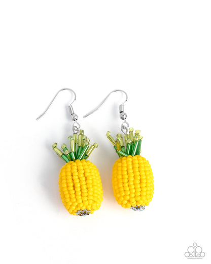 Pleasant Pineapple - Yellow Seed Beads, Green Glassy Beads, Silver Fishhook Earrings - Paparazzi Accessories