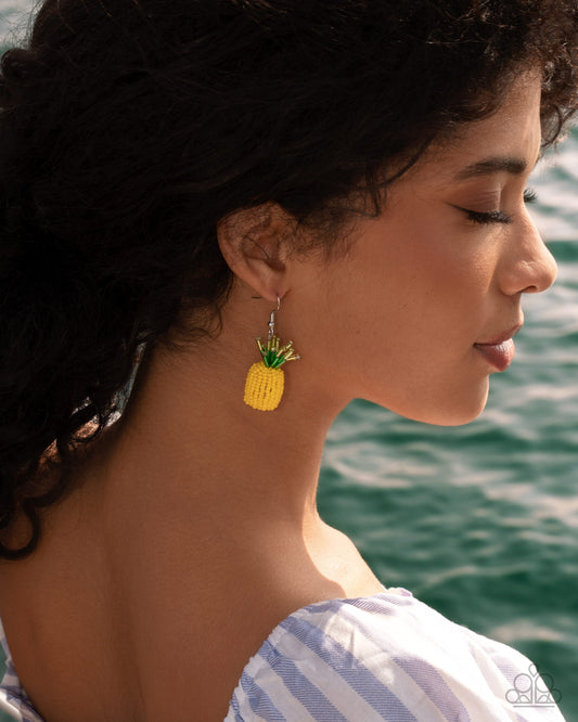 Pleasant Pineapple - Yellow Seed Beads, Green Glassy Beads, Silver Fishhook Earrings - Paparazzi Accessories