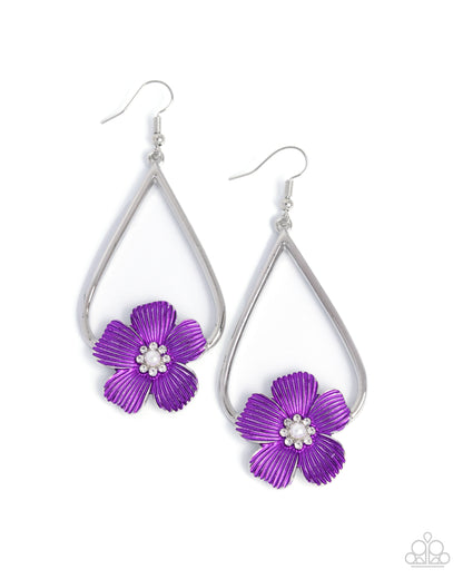Tropical Teardrop - Purple Painted Flower, Silver Teardrop Fish Hook Back Earrings - Paparazzi Accessories