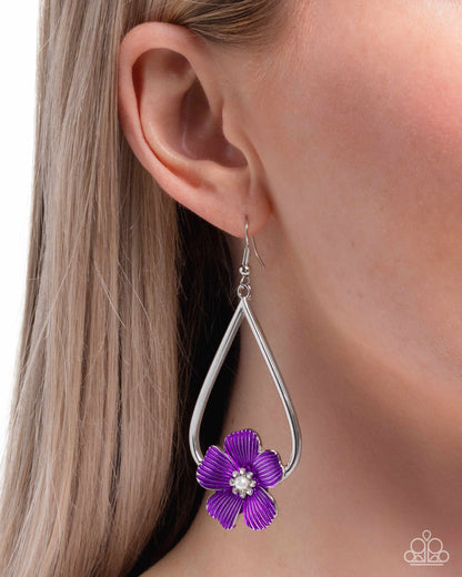 Tropical Teardrop - Purple Painted Flower, Silver Teardrop Fish Hook Back Earrings - Paparazzi Accessories