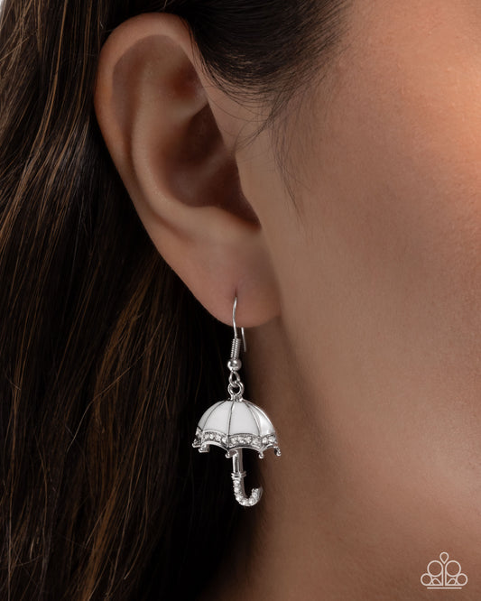 Unrivaled Umbrella - White Enamel Silver Fishhook Earrings - Paparazzi Accessories