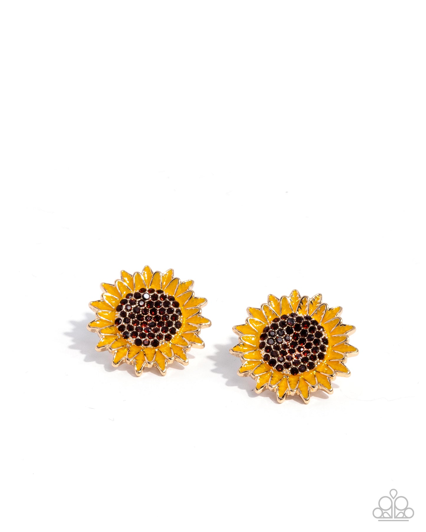 Blooming Beat - Brown Rhinestone Yellow Enamel Sunflower Gold Post Earrings - Paparazzi Accessories
