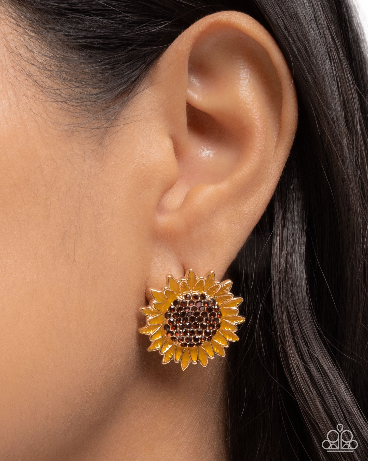 Blooming Beat - Brown Rhinestone Yellow Enamel Sunflower Gold Post Earrings - Paparazzi Accessories