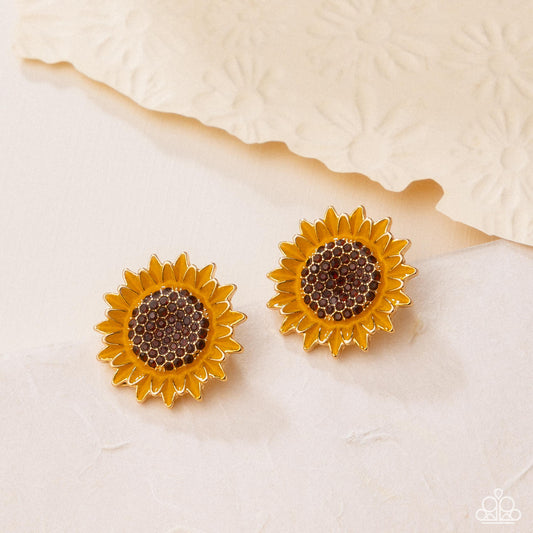 Blooming Beat - Brown Rhinestone Yellow Enamel Sunflower Gold Post Earrings - Paparazzi Accessories