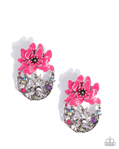 Hummingbird Homecoming - Pink Enamel Flower Silver Post Earrings - Paparazzi Accessories