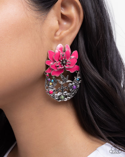 Hummingbird Homecoming - Pink Enamel Flower Silver Post Earrings - Paparazzi Accessories