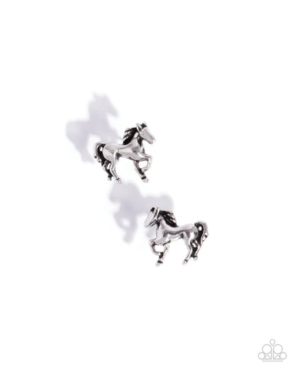 Stallion Selfie - Silver Horse Postback Earrings - Paparazzi Accessories