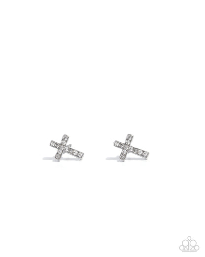 Sacred Shimmer - White Rhinestone Cross Silver Post Earrings - Paparazzi Accessories