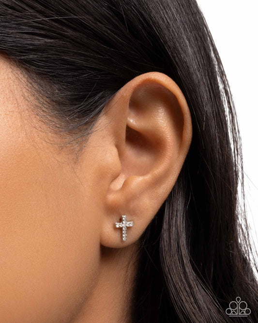 Sacred Shimmer - White Rhinestone Cross Silver Post Earrings - Paparazzi Accessories
