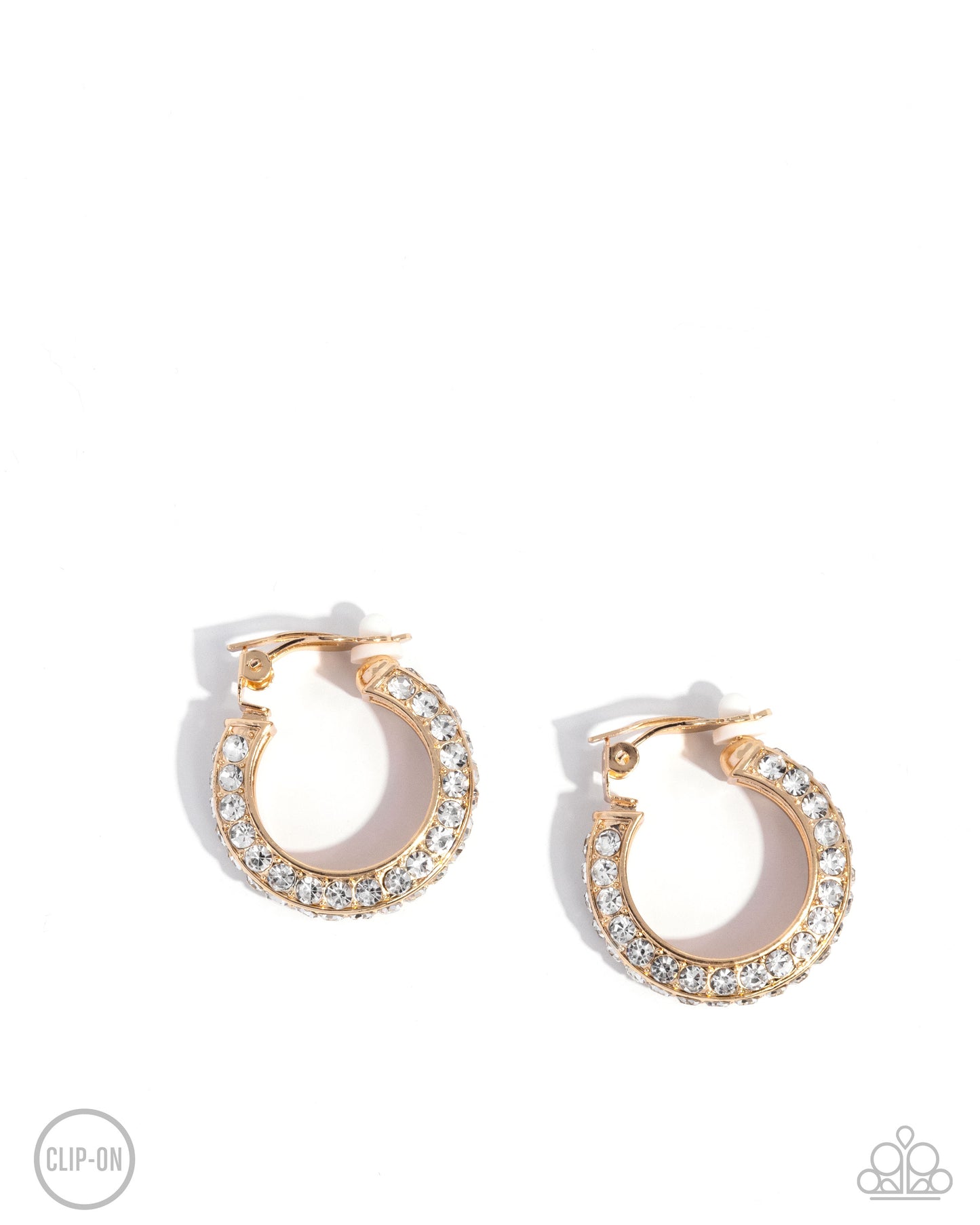 Date Night Debut - Gold White Rhinestone Hoop Clip-on Earrings - Paparazzi Accessories