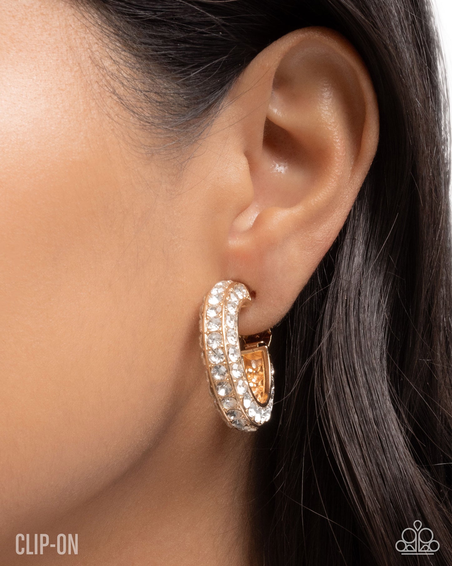 Date Night Debut - Gold White Rhinestone Hoop Clip-on Earrings - Paparazzi Accessories