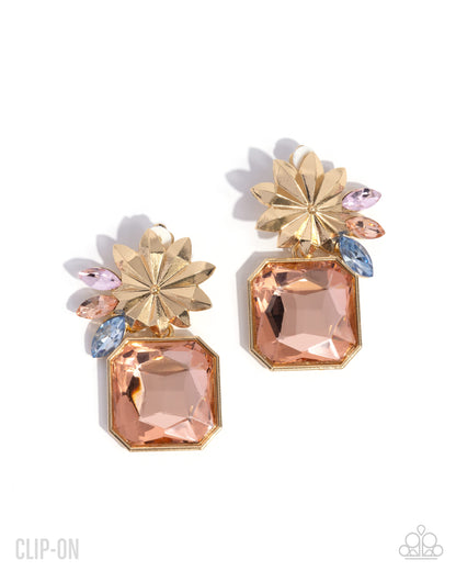 Lush Lure - Orange and Peach Rhinestone Gold Clip-On Earrings - Paparazzi Accessories