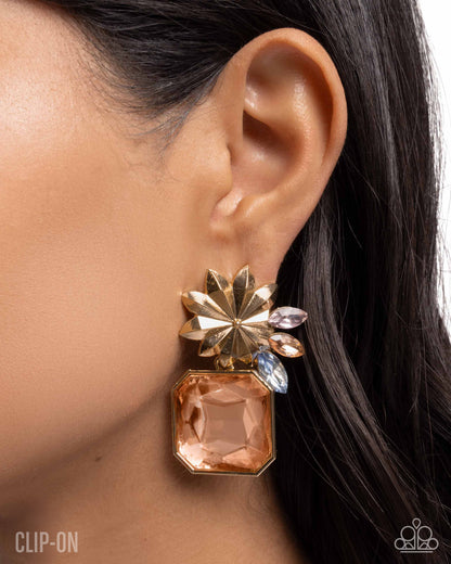 Lush Lure - Orange and Peach Rhinestone Gold Clip-On Earrings - Paparazzi Accessories