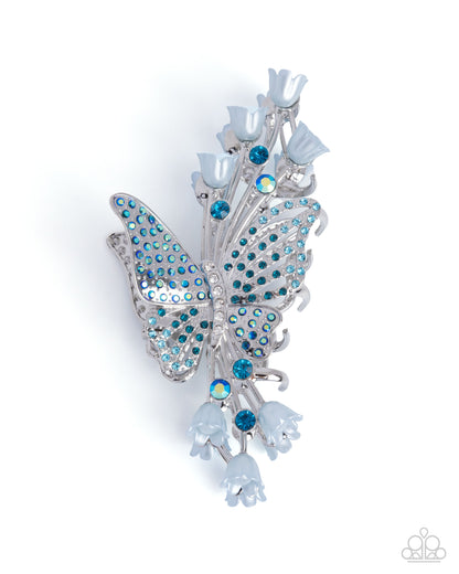 Fluttering French - Blue Iridescent Rhinestone & Pearl Silver Butterfly Claw Clip - Paparazzi Accessories