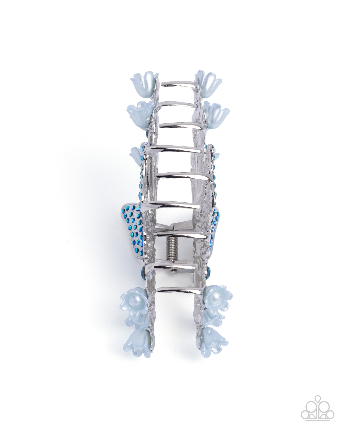 Fluttering French - Blue Iridescent Rhinestone & Pearl Silver Butterfly Claw Clip - Paparazzi Accessories