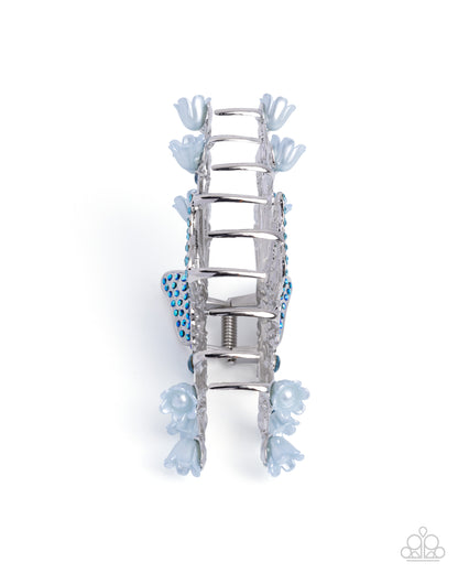 Fluttering French - Blue Iridescent Rhinestone & Pearl Silver Butterfly Claw Clip - Paparazzi Accessories