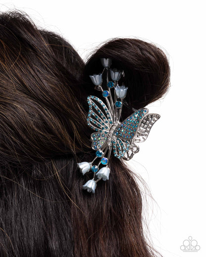 Fluttering French - Blue Iridescent Rhinestone & Pearl Silver Butterfly Claw Clip - Paparazzi Accessories