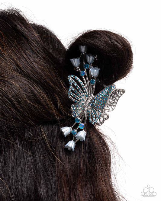 Fluttering French - Blue Iridescent Rhinestone & Pearl Silver Butterfly Claw Clip - Paparazzi Accessories
