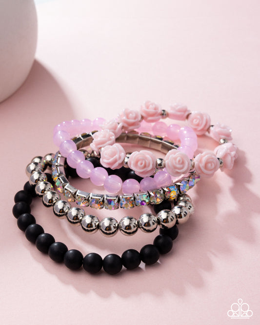 Rose Garden Grandeur - Pink Beads Iridescent Rhinestone Silver Stretchy Bracelets - Pink Diamond Exclusive - Paparazzi Accessories