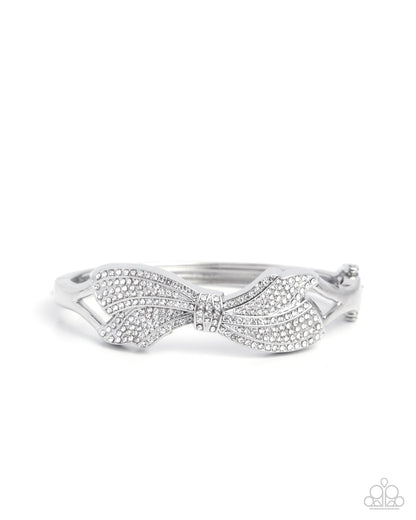 Blissful Bow - White Rhinestone Silver Hinge Bracelet - Paparazzi Accessories