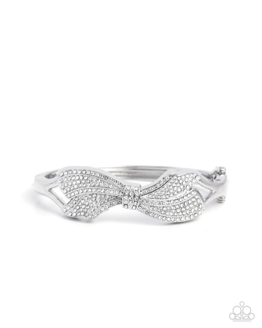 Blissful Bow - White Rhinestone Silver Hinge Bracelet - Paparazzi Accessories