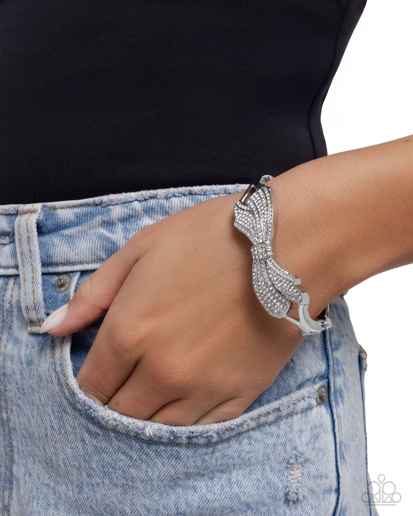 Blissful Bow - White Rhinestone Silver Hinge Bracelet - Paparazzi Accessories