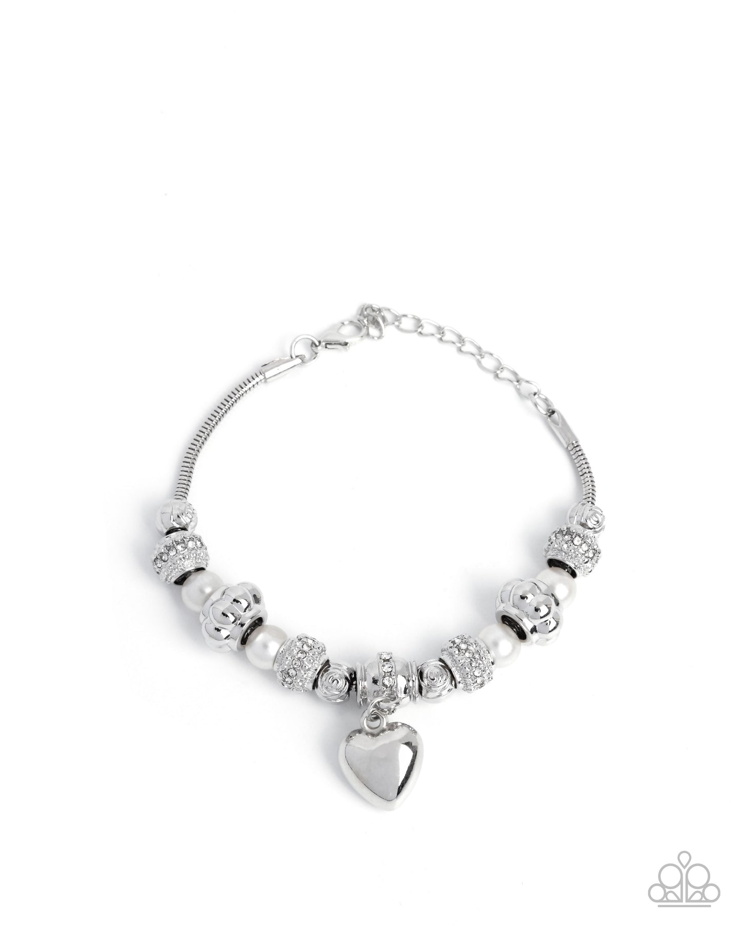 Pensive Polish - White Rhinestone & Pearl Silver Heart Charm Clasp Bracelet - Paparazzi Accessories
