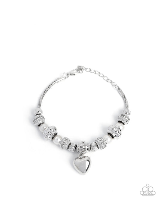 Pensive Polish - White Rhinestone & Pearl Silver Heart Charm Clasp Bracelet - Paparazzi Accessories