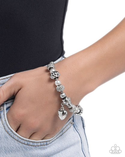 Pensive Polish - White Rhinestone & Pearl Silver Heart Charm Clasp Bracelet - Paparazzi Accessories