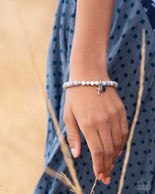 Devout Debut - White Beaded Silver Cross Charm Stretchy Bracelet - Paparazzi Accessories