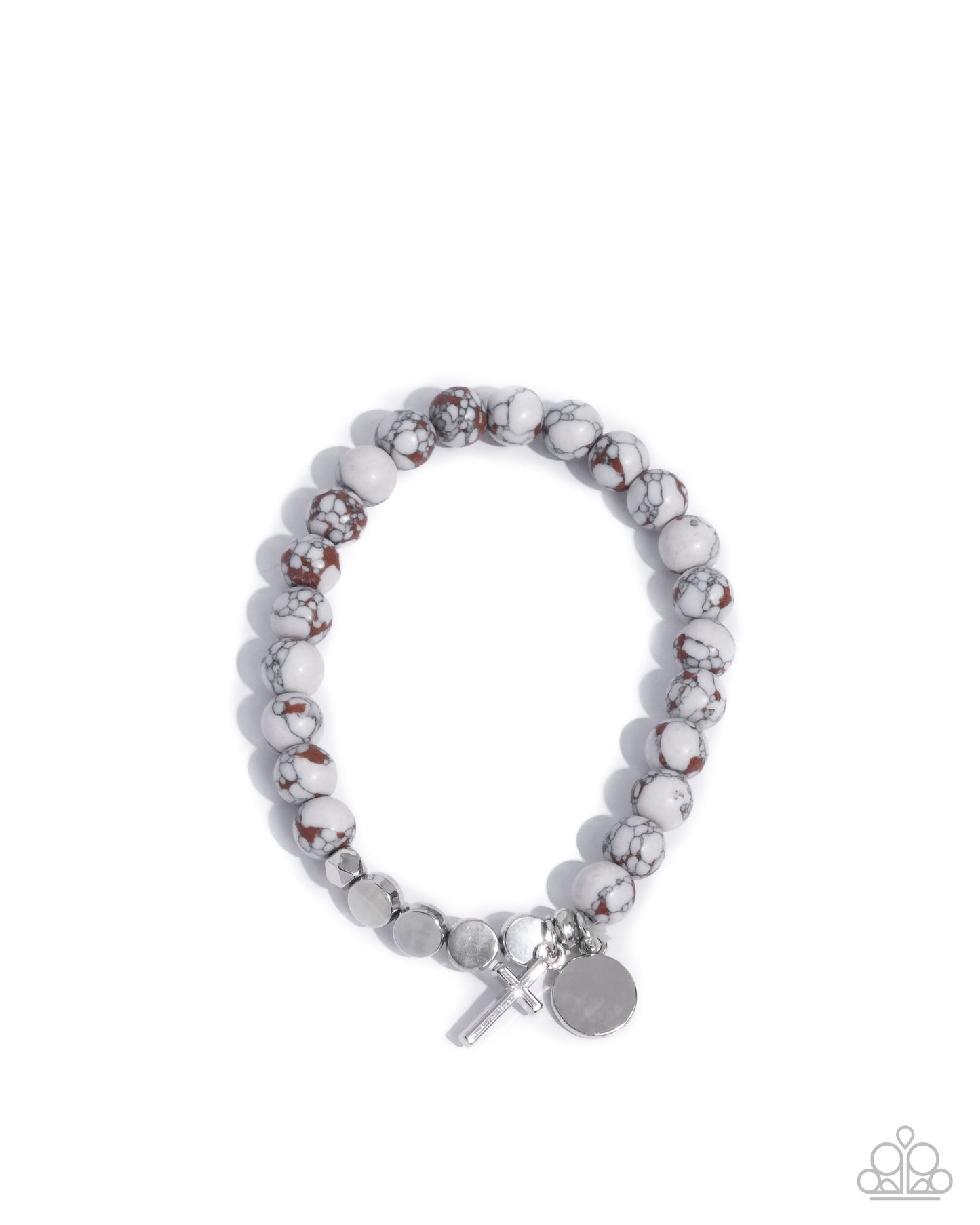 Devout Debut - White Beaded Silver Cross Charm Stretchy Bracelet - Paparazzi Accessories