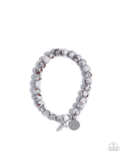 Devout Debut - White Beaded Silver Cross Charm Stretchy Bracelet - Paparazzi Accessories