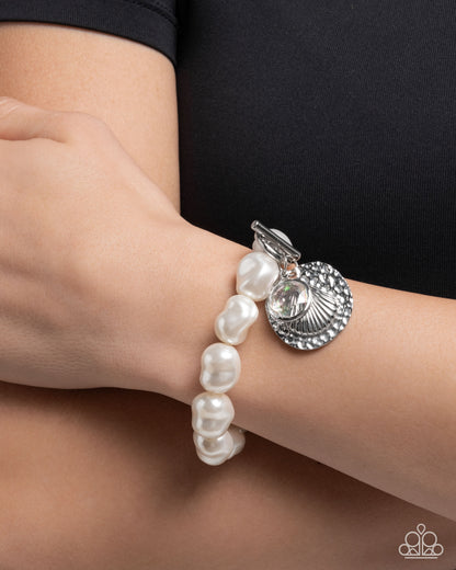 Coastal Cadenza - White Pearl Silver Ocean Charm Toggle Bracelet - Paparazzi Accessories
