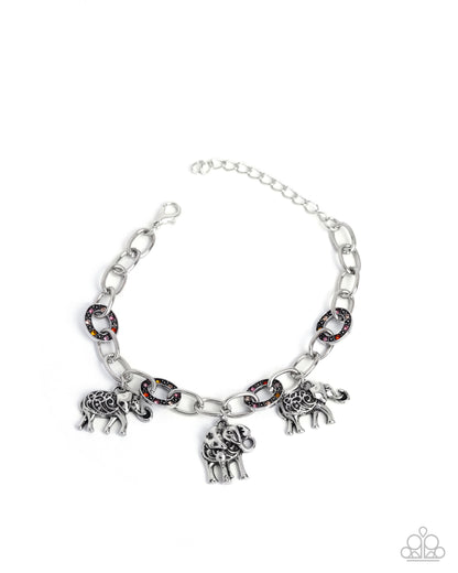 Follow the Herd - Orange Rhinestone Silver Elephant Charm Clasp Bracelet - Paparazzi Accessories