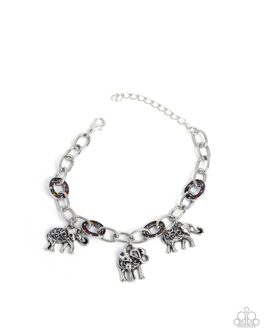 Follow the Herd - Orange Rhinestone Silver Elephant Charm Clasp Bracelet - Paparazzi Accessories