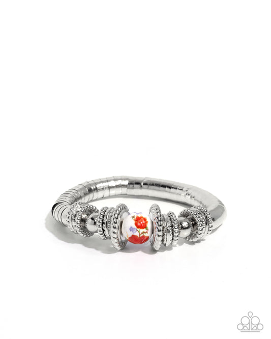Ceramic Combo - Red Floral Painted Ceramic Bead Silver Stretchy Bracelet - Paparazzi Accessories
