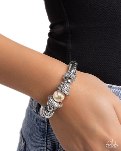 Ceramic Combo - Red Floral Painted Ceramic Bead Silver Stretchy Bracelet - Paparazzi Accessories